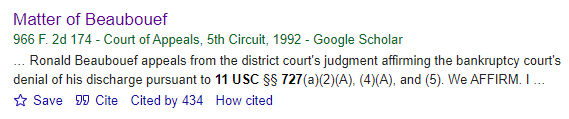 Google Scholar result for Matter of Beaubouef, 966 F.2d 174 (5th Cir. 1992), showing that it has been cited 434 times 